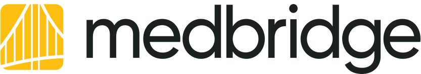 Medbridge logo with black lowercase text and a yellow square with white lines; note the lowercase "b" in Medbridge.